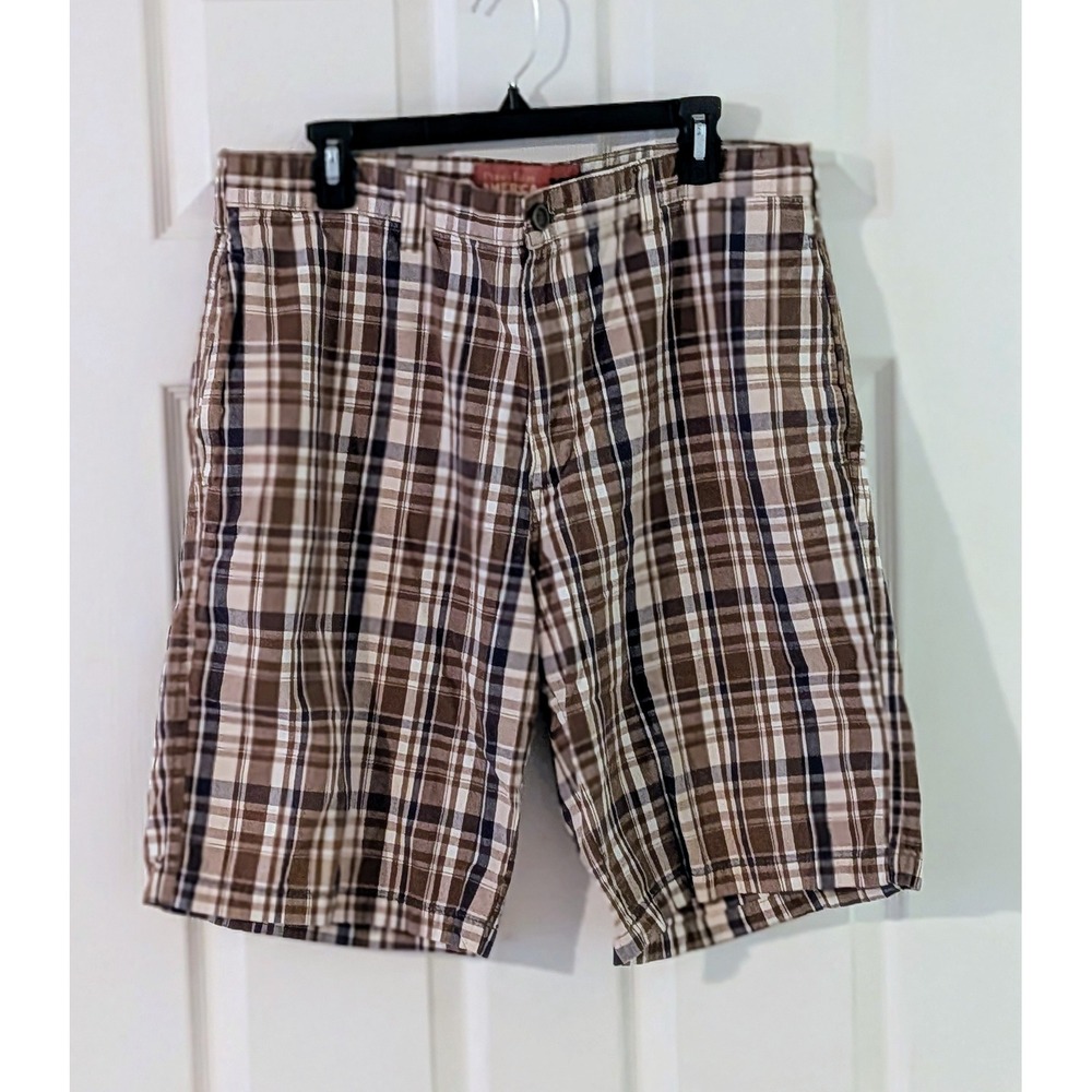 Perry Ellis America Plaid Shorts Casual Comfort Brown Size 36W